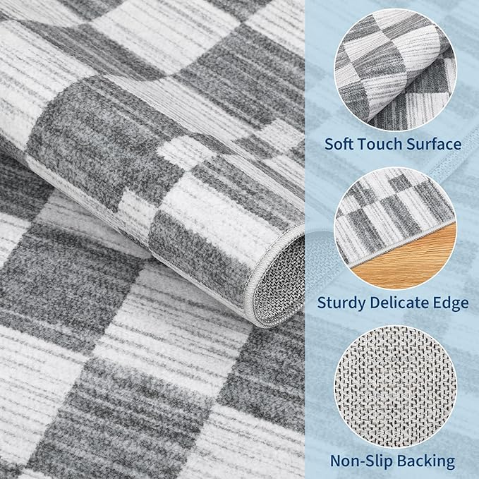 GarveeHome 8x10 Area Rugs Geometric Washable Modern Grey Checkered Rug | - Image 6
