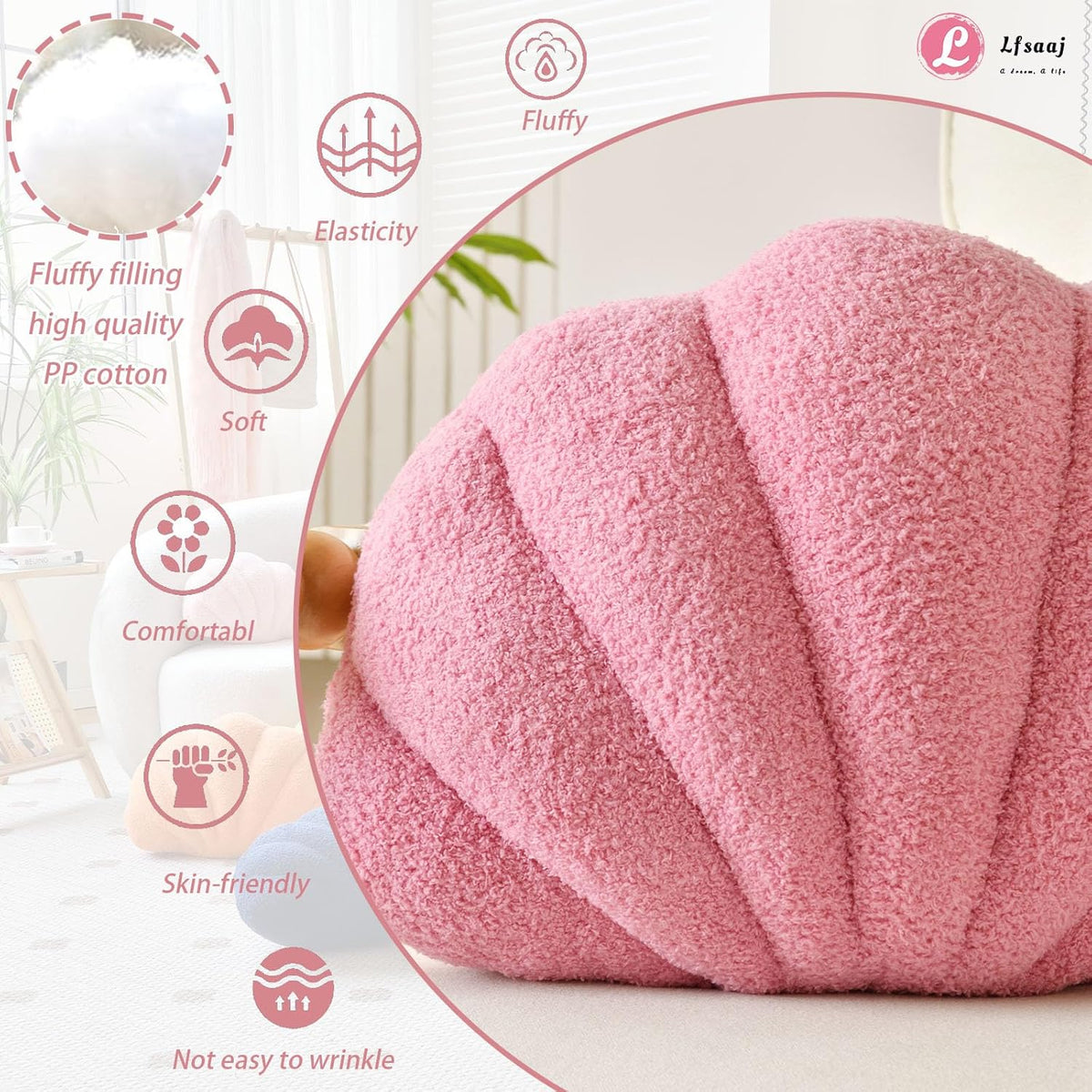 Seashell Throw Pillows, Shell Shaped Throw Pillows, Soft Home Decorative Pillow Plush Cushion for Bed Couch Living Sofa Room Decor Accent Throw Pillow (13x10 Inch, Pink Purple)