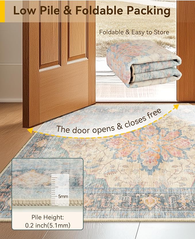 RELEANY Washable Area Rug, Water Repellent, Pet Friendly, Vintage Floral Boho - Image 5