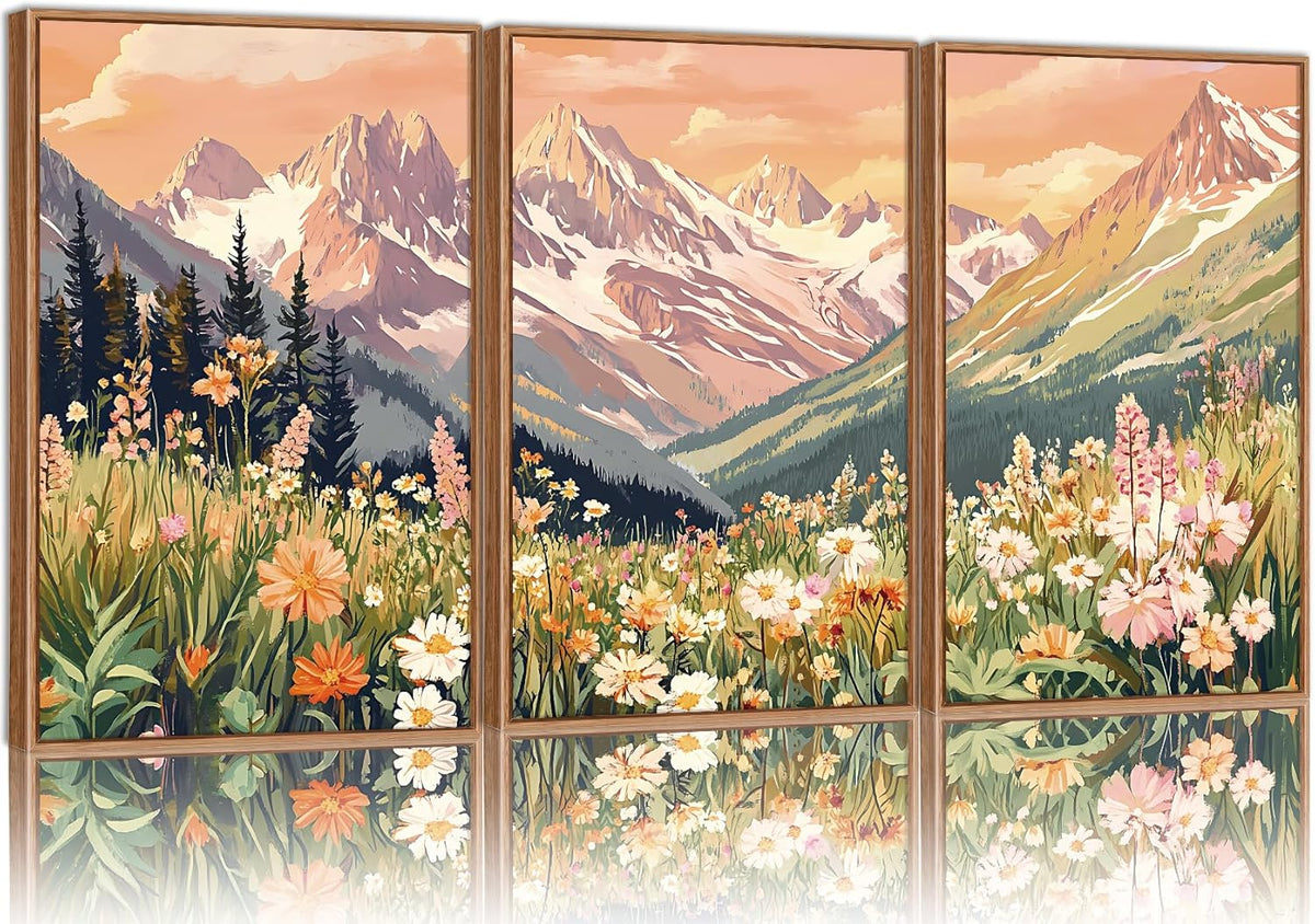 SIGNINART Vintage Floral Framed Canvas Wall Art Set, Large Mountains Nature Landscape Wall Decor, Bohemian Wildflower Forest Artwork, Pink Ridge Art Printing for Living Room Bedroom Office 16"x24"x3