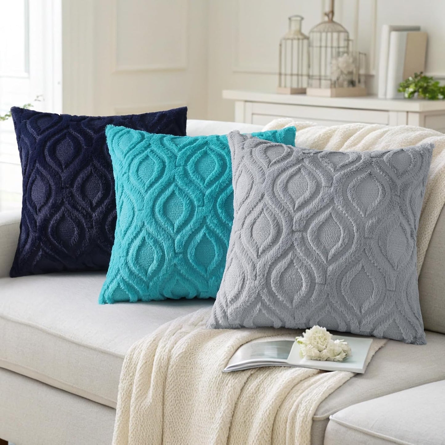 decorUhome Fall Throw Pillow Covers 16x16 Inch Set of 2, Soft Plush Decorative Faux Fur Blue Grey Solid Couch Pillow Covers, Accent Farmhouse Neutral Square Euro Pillow Cases for Sofa Bed Living Room