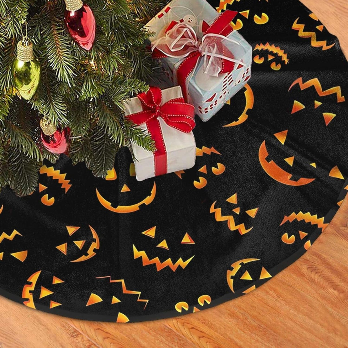 Christmas Tree Skirt,Jack O Lantern Pumpkin Smiles Xmas Tree Skirt Rustic Farmhouse Tree Skirt for Christmas Decor Xmas Holiday Home Party Decorations48