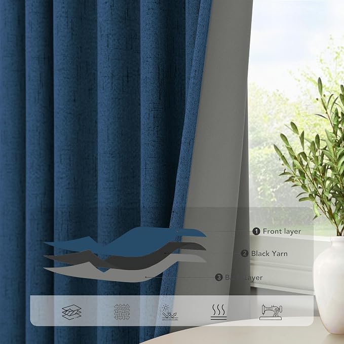 Navy Blue Black Out Curtains 63 Inch Long 2 Panel Burg Linen Textured Thermal - Image 5