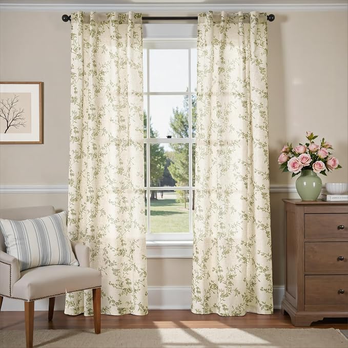 Green Vintage Floral Linen Curtains Farmhouse 38W X 90L 2 Panels | Elisa Series - Image 2