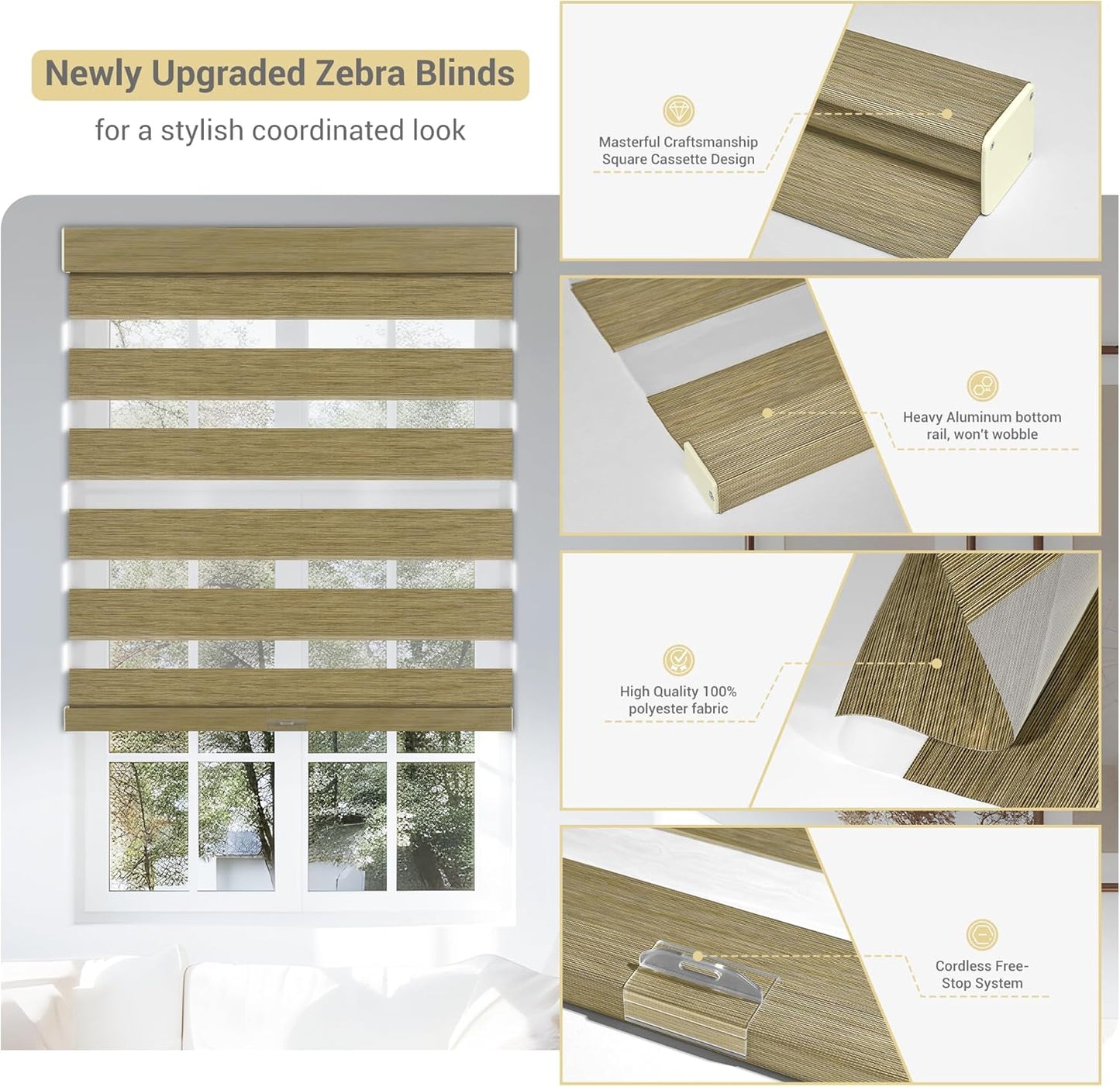 Cordless Zebra Blinds for Windows, Blackout Interior Blinds,Easy to Install,UV Protection,for Offices and Home,Custom Roller Shades, Mousse Light Bown,34" W x 48" H