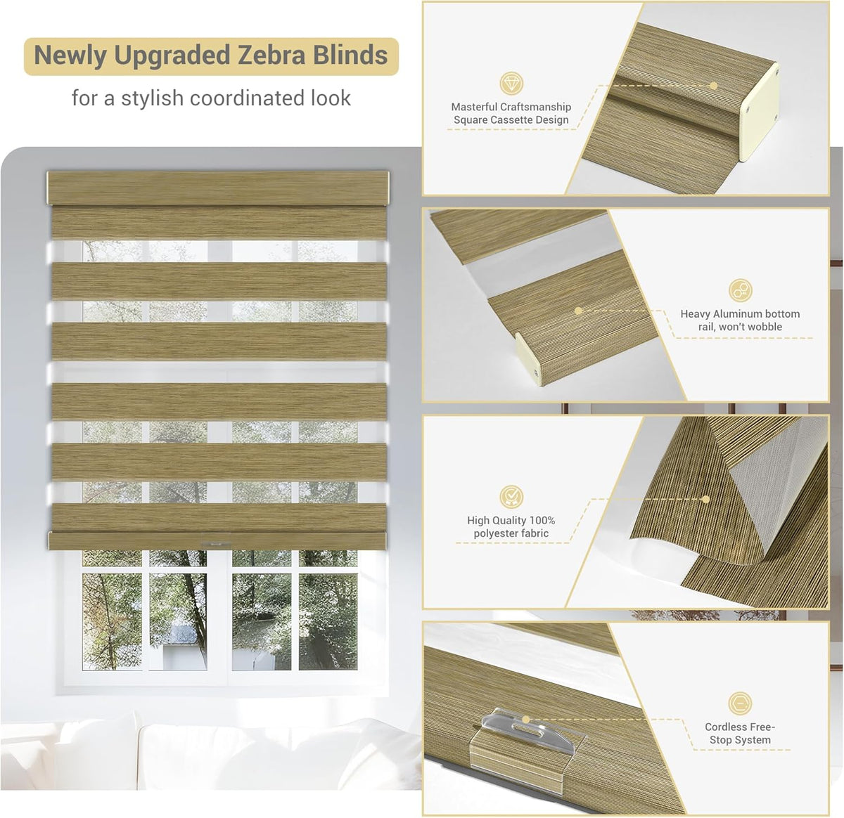 Cordless Zebra Blinds for Windows, Blackout Interior Blinds,Easy to Install,UV Protection,for Offices and Home,Custom Roller Shades, Mousse Light Bown,74" W x 36" H