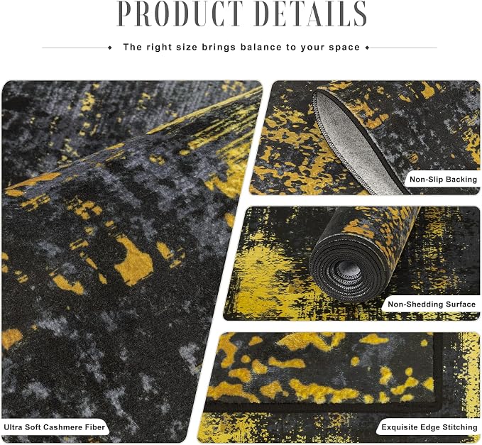 2.6x10 Washable Runner Rug:Modern Abstract Soft Carpet Black Gold | - Image 5