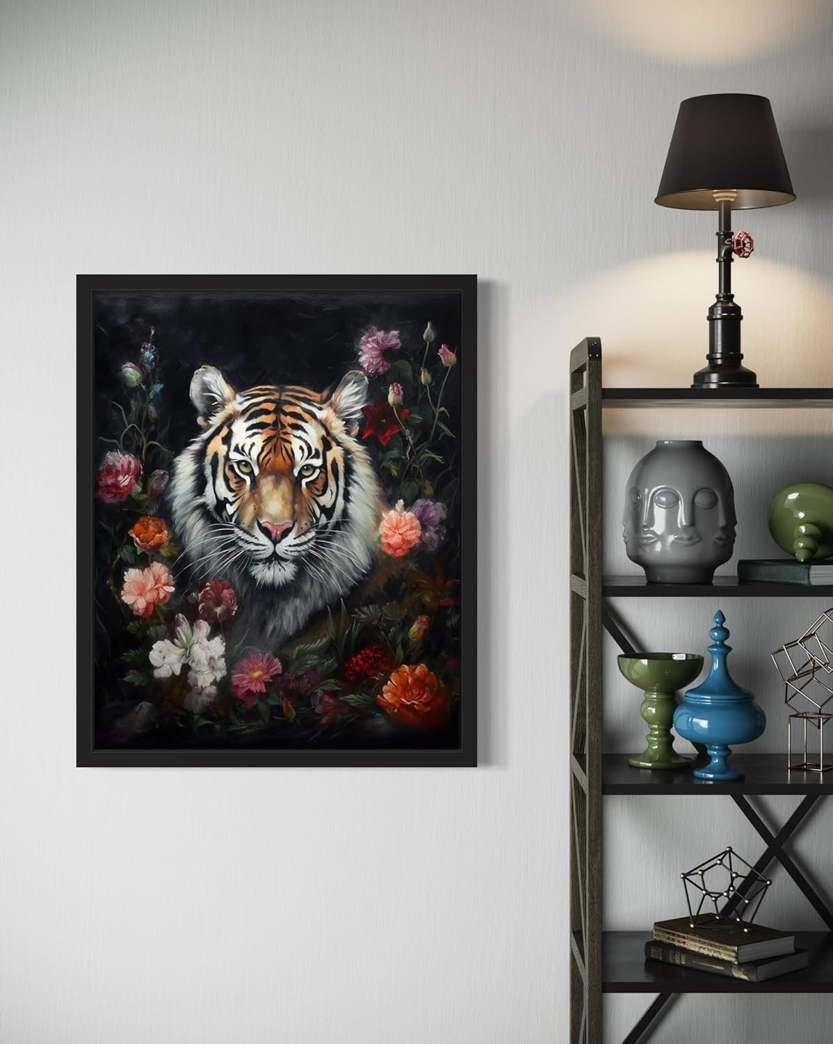 Tiger and Flower Poster Art Print, Halloween Scary Vintage Wall Art Academia Spooky Painting Decoration for Horror Prints, Gothic Posters Bedroom Decor 89 (Tiger and Flower, 16 x 20 inches, Black Frame)