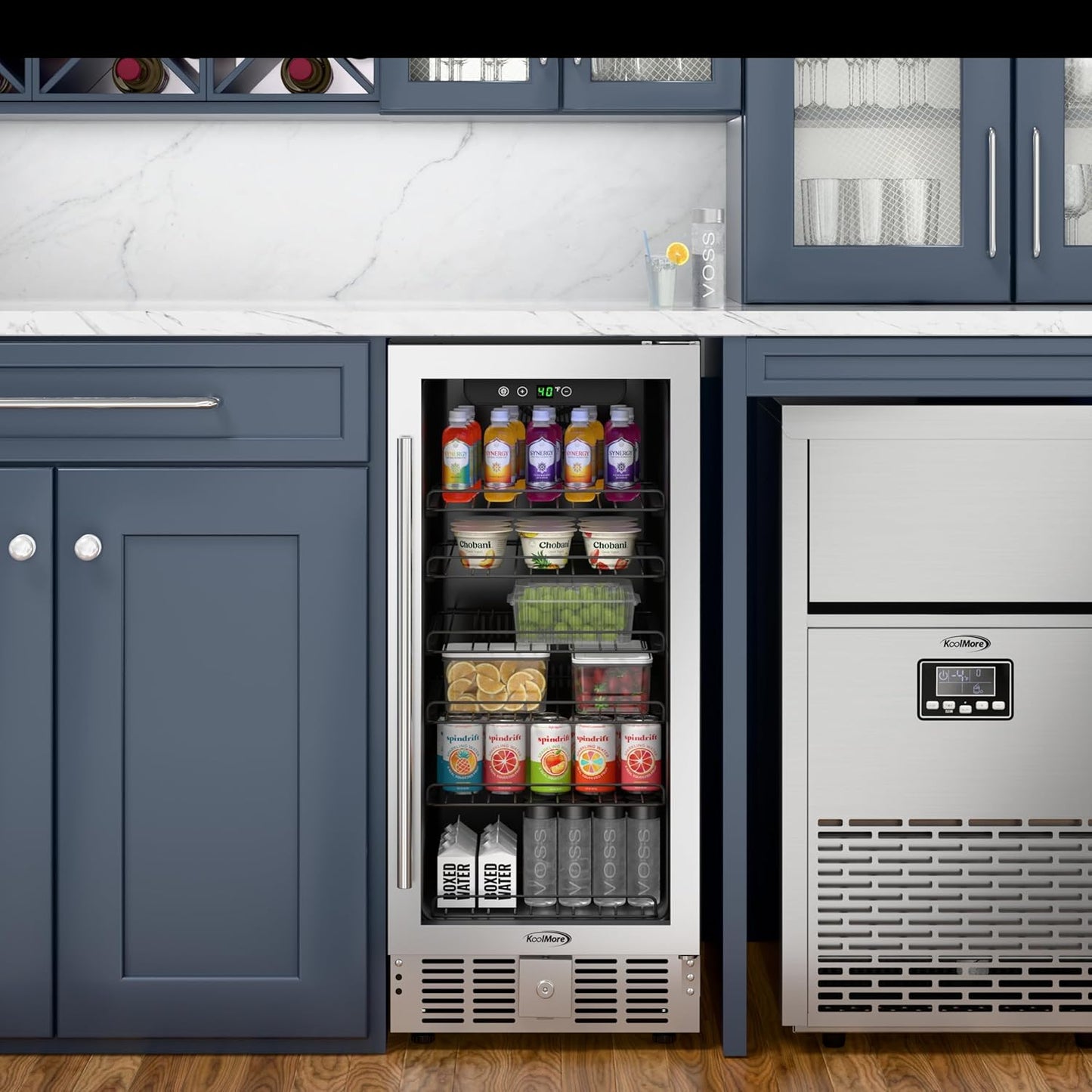 KoolMore 15” Inch Small Built-In Refrigerator and Beverage Cooler for Soda Cans, Beer Cans, Food and Fresh Snacks, 5 Wire Shelves, Adjustable Temperature Range (KM-BIR3C-GD), Stainless Steel