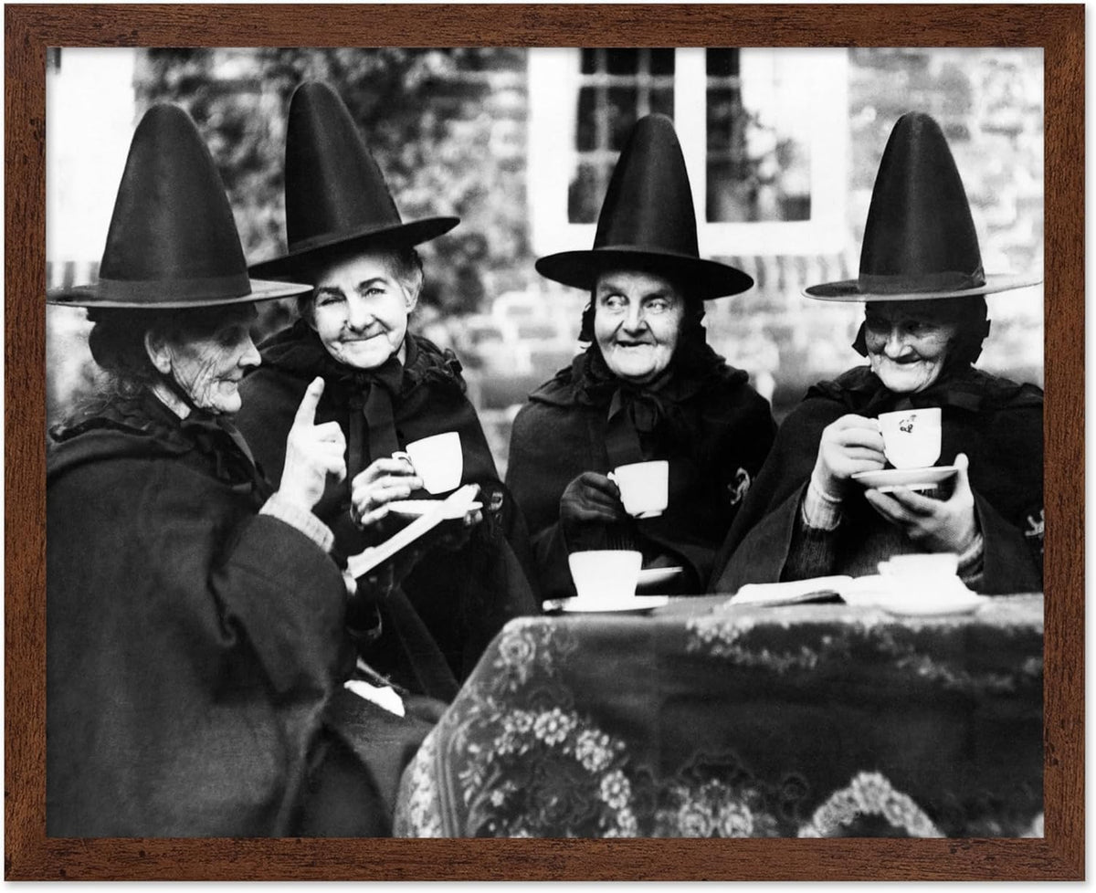 Poster Master Classic Photograph Poster - Vintage Halloween Print - Gift for Artist, Friend - Witches Tea Party, Old Women Smiling, Wearing Robes - Wall Decor for Living Room, 8x10 Brown Framed