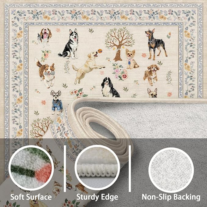 Beige Area Rug 2x3 for Bedroom Kitchen Dog Animal Rug | Ultra-Thin;Boho - Image 4