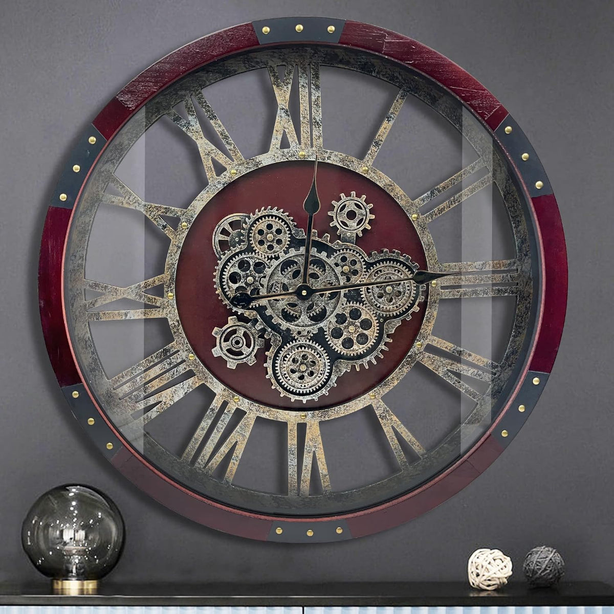DORBOKER 24" Original Moving Gears Wall Clock, Large Industrial Wall Clock for Living Room Decor, Oversized Wood Vintage Farmhouse Steampunk Rustic Clocks for Wall Christmas Decor,Cherry Red