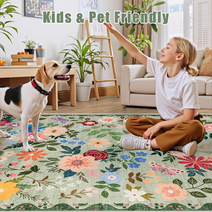 PLHXFR 2.6x14 Washable Runner Rug：Floral Indoor Kitchen Soft Carpet Green | - Image 6