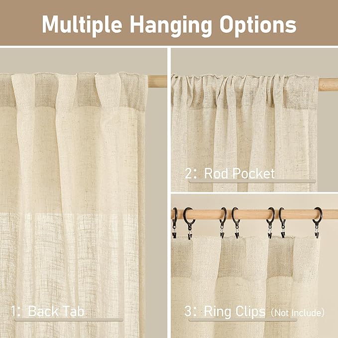 Linen Semi Sheer Curtains 96 inches Long 2 Panels Set, Floor to Ceiling Curtains - Image 3