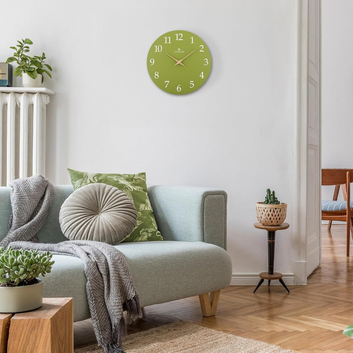 Lafocuse 12 Inch Silent Olive Green Wall Clock Battery Operated for Living Room Decor, Simple Minimalist Wooden Wall Clock for Kitchen Bedroom Office