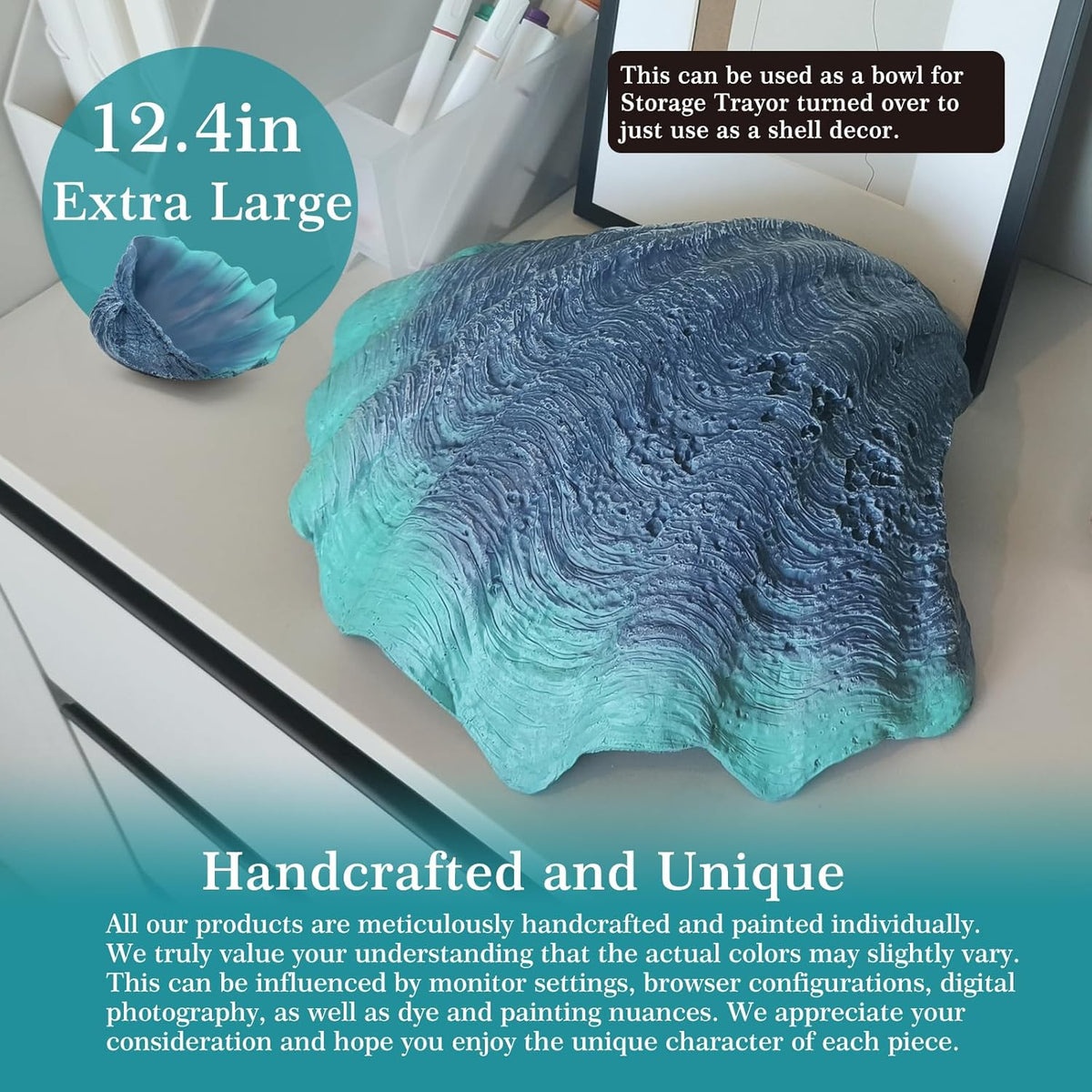 Extra Large Clam Shells Decorative Bowl-Caribbean Blue Sea Shells Decorative Storage Bowls for Coastal Beach theme house table centerpiece decorations & Nautical decor for coffee table-12.4"-1PC