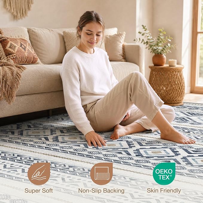cotiled Boho 9x12 Area Rug for Living Room: Large Moroccan Washable Rug | Solve - Image 4