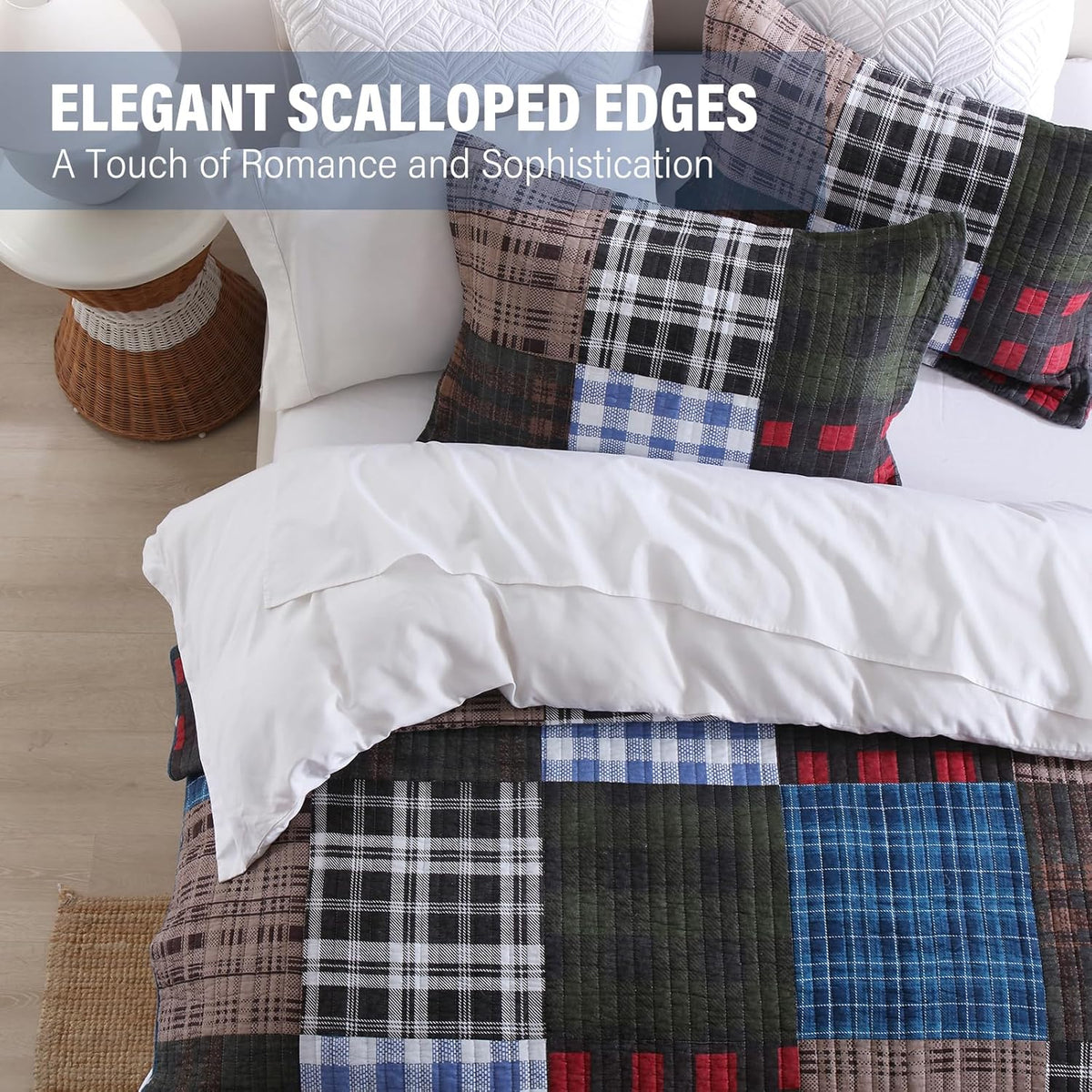 NEWLAKE Quilt Set King Size, Cotton Patchwork Blue Black Checkered Patterns Quilt Sets, Reversible Bedspread Lightweight and Breathable for All Seasons, Soft Quilted Bedspread with 2 Pillow Shams