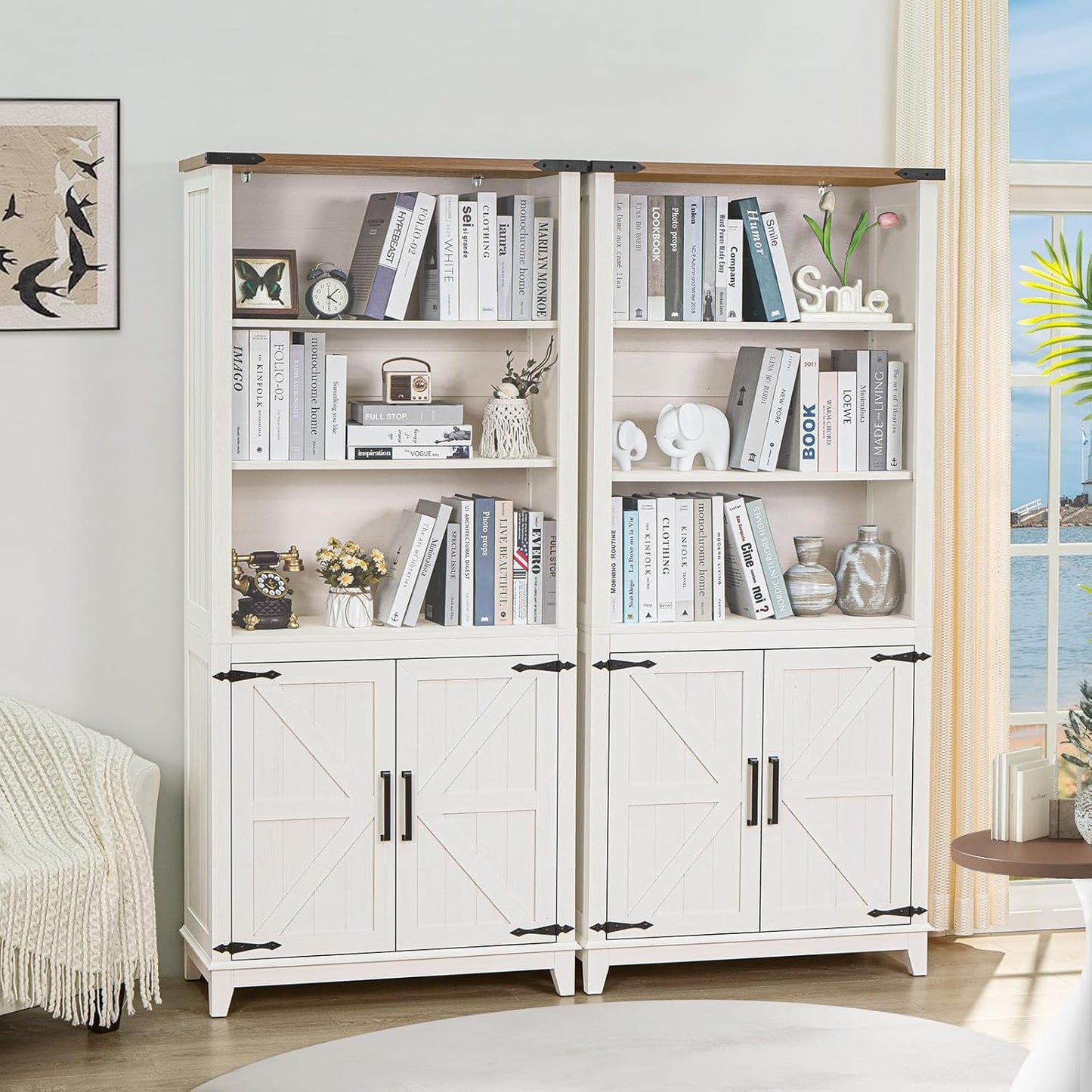 5 Tier Bookshelf 70in Tall Bookcase with Barn Doors and Storage Cabinet, White Farmhouse Book Shelf with Adjustable Shelves, Wood Freestanding Display Bookshelves for Bedroom, Kitchen (2PCS)