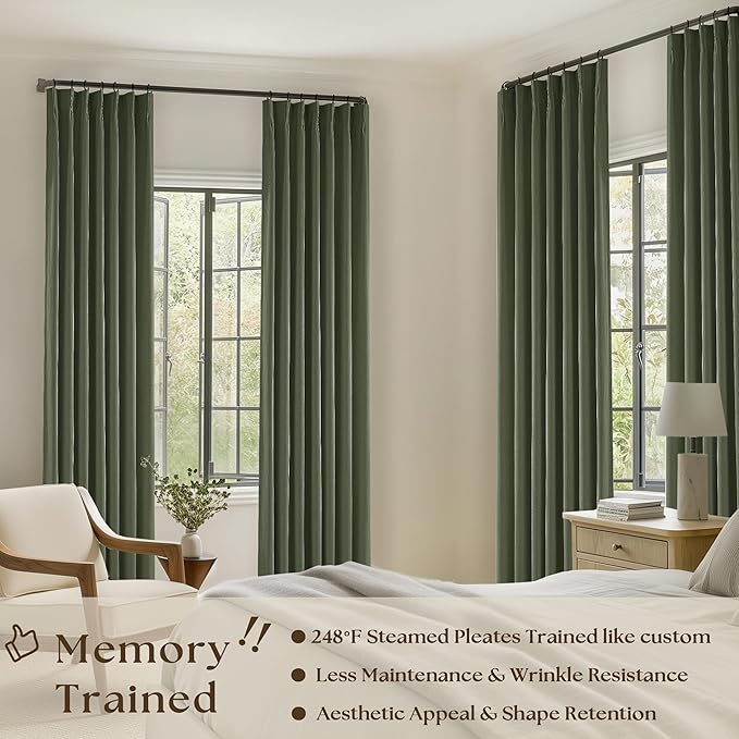 Olive Green 63 Inch Length Blackout Pinch Pleated Linen Curtains - Image 2