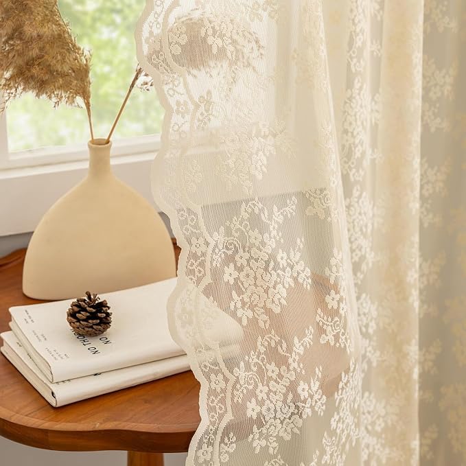 YJ YANJUN Vintage Lace Curtains 102 Inch Long-Victorian Floral Pattern Beige - Image 2