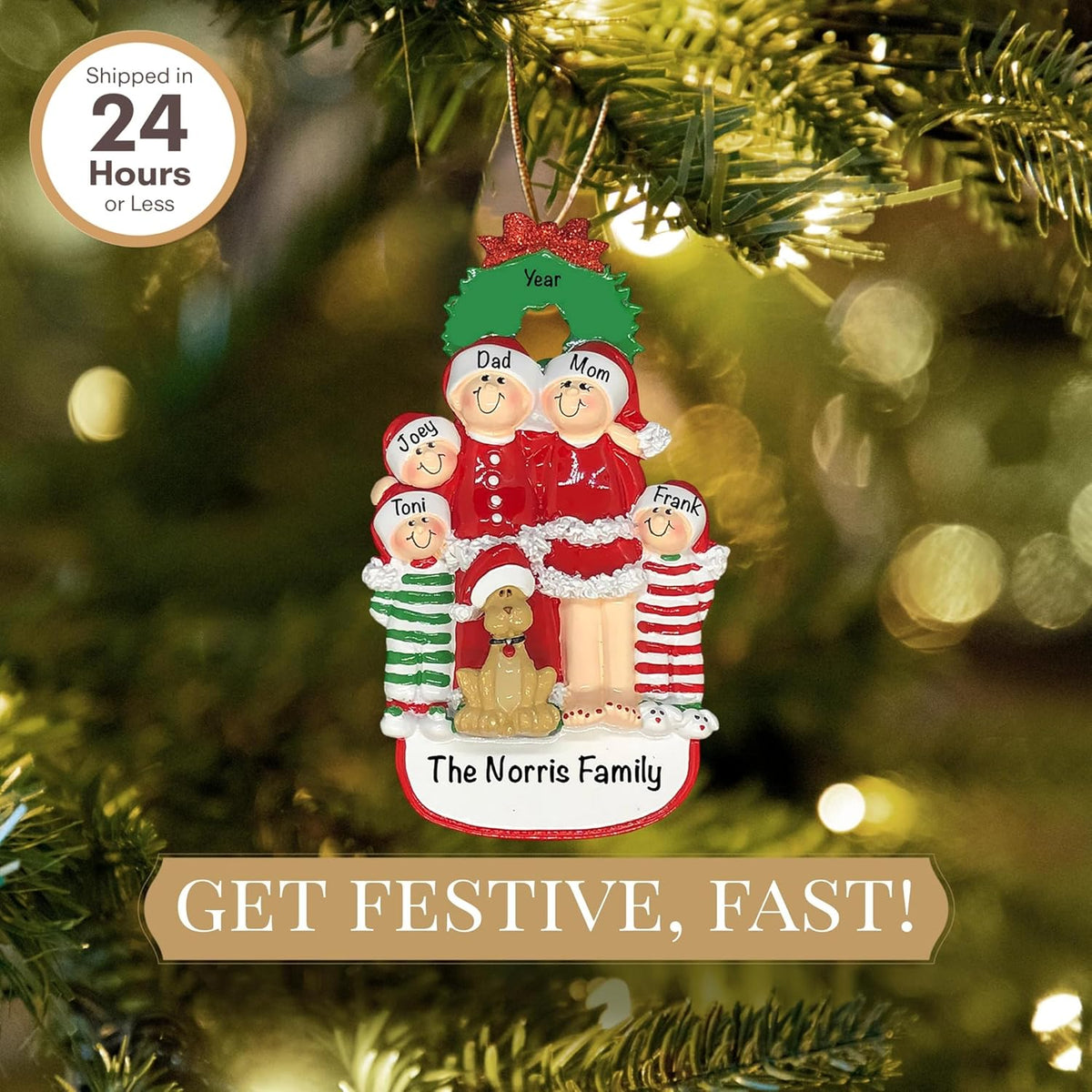 Personalized Family of 5 with Dog Ornament 2025 | Free 24h Customization | Christmas Ornaments for Tree | Custom Gift Wrapped Pet Keepsake for Dog-Lovers