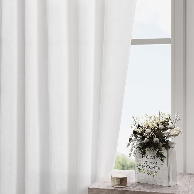 White Kitchen Curtains 36 Inch Length Set 2 Panel Back Tab Pocket Semi Sheer - Image 2