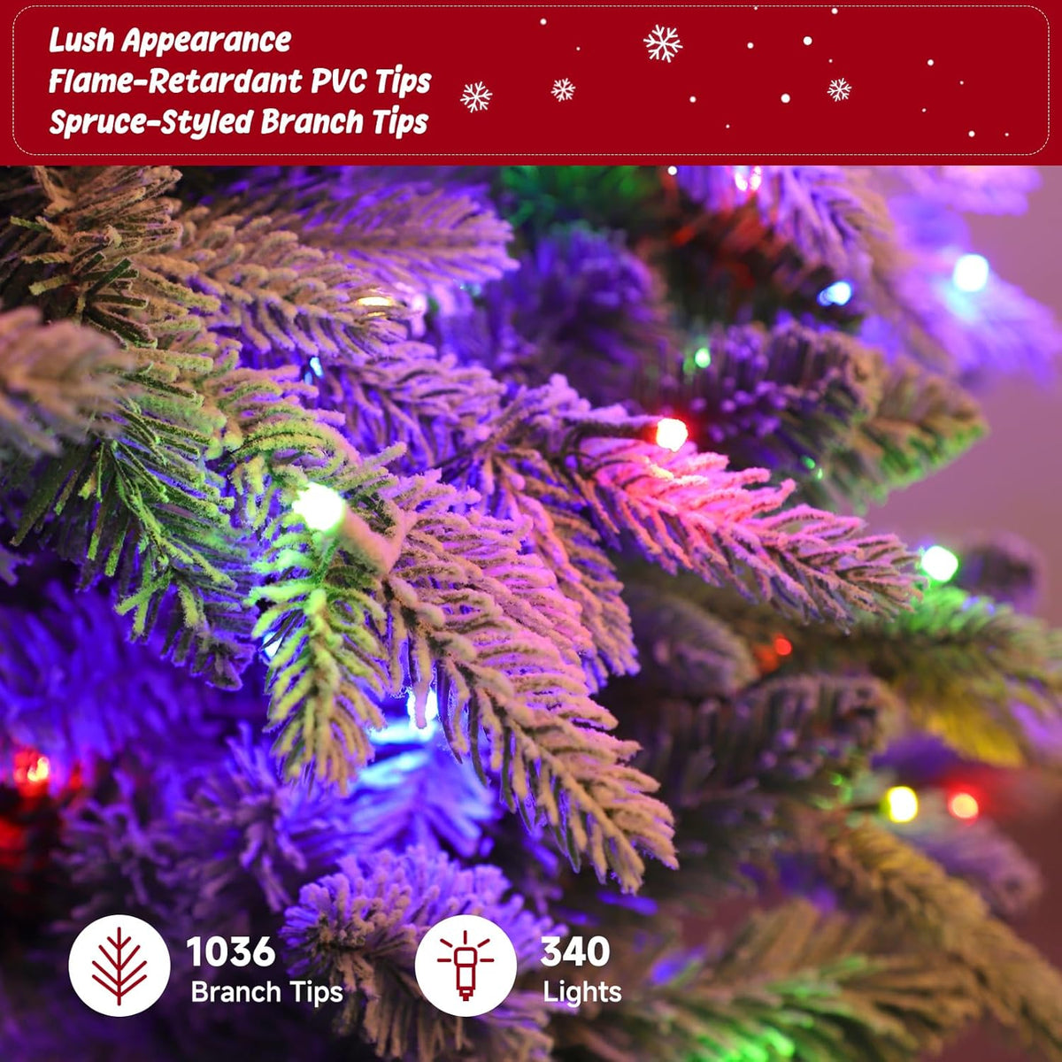 7.5ft 360° Rotating Pre-Lit Snow Flocked Christmas Tree, Built-in Music, Remote Control, 8 Light-Modes, White Christmas Tree for Home Decor