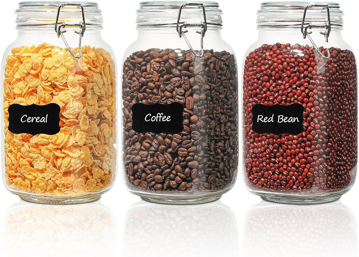 ComSaf Airtight Glass Canister Set of 3 with Lids 50oz Clear Food Storage Jars Square, Kitchen & Pantry Organization Food Storage Container for Canning, Sugar, Flour, Pasta, Candy, Cereal, Coffee