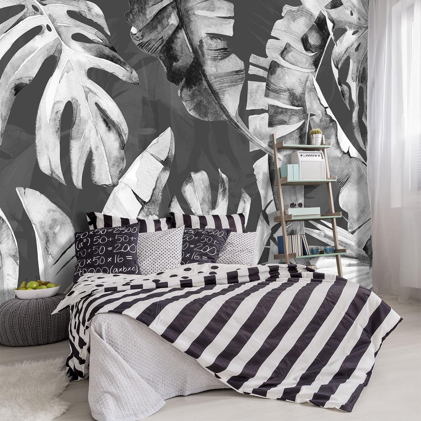 -Tropical Botanical Grey Banana Leaf Fabric Wallpaper Living Room Bedroom Bathroom Plant Large Wall Mural- 137"x96"（ not Peel and Stick）