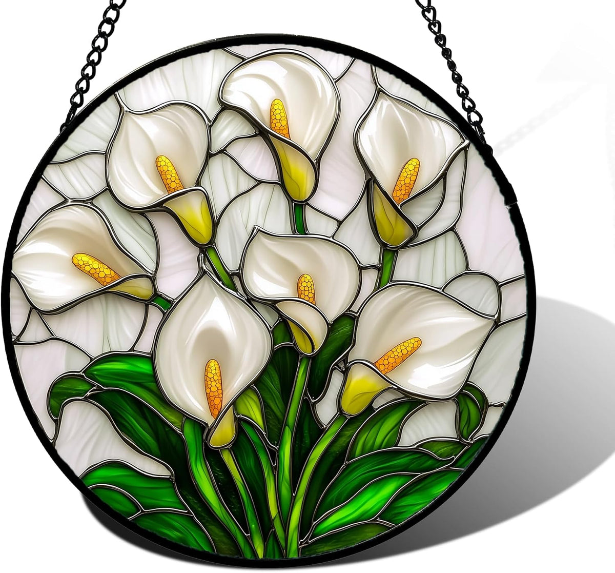 Stained Glass Window Hanging, White Calla Lily Suncatcher Diamond Glass Panel Hangings Flowers Sun Catchers Decor for Birthday for Women, Men, Wife, Aunt, and Mom 11.8x11.8 in