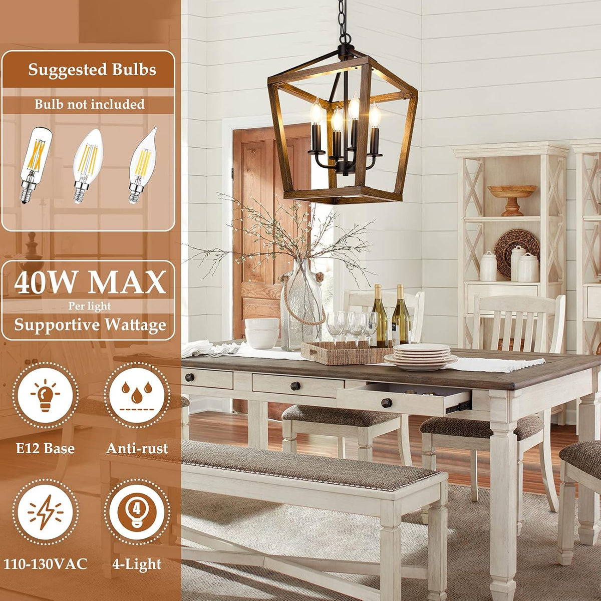Farmhouse Chandelier Light Fixture for Kitchen Dining Room, 4-Light Rustic Pendant Hanging Ceiling Light Height Adjustable in Oak Wood Finish, Cage Lantern Lighting with E12 Base for Hallway Foyer