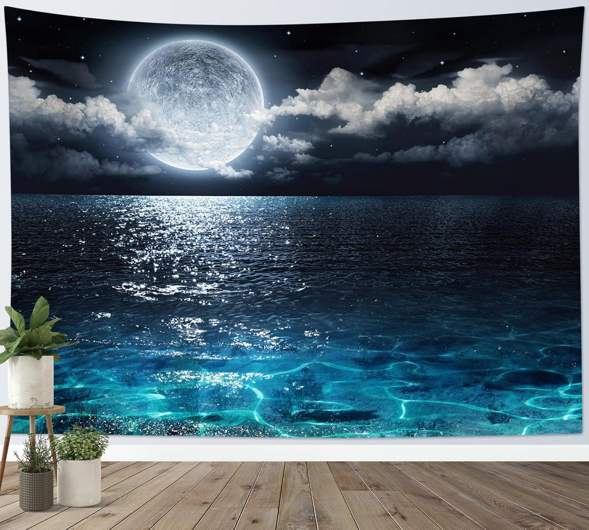LB Moon Over Ocean Tapestry, Night Sky Tapestry Wall Hanging, 3D Fantasy Psychedelic Watercolor Wall Art for Bedroom Living Room Dorm Home Decor, 60 x 40 Inches