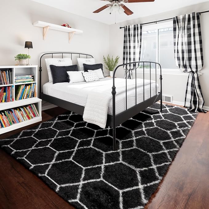 6x9 Area Rugs for Living Room Bedroom, Fluffy Black and White Geometric Rug | - Image 7