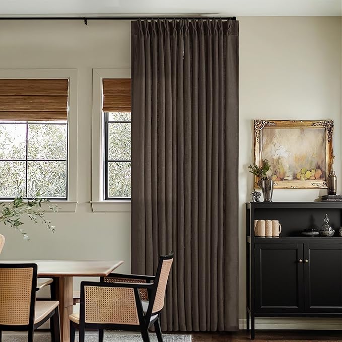 Dark Chocolate 102 Inch Pinch Pleated Semi Sheer Linen Curtains 2 Panels | - Image 9
