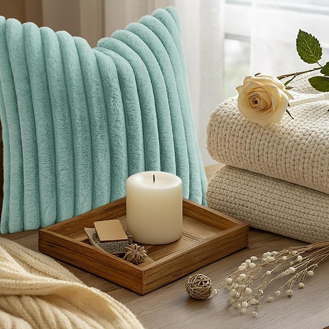 decorUhome Fall Faux Fur Throw Pillow Covers 20x20 Set of 2 Aqua | Decorative - Image 9
