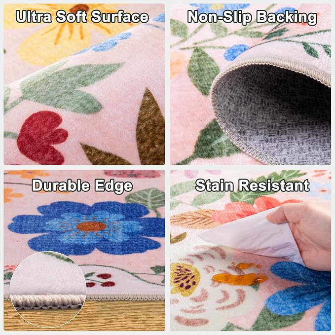 PLHXFR 2.6x8 Washable Runner Rug：Floral Indoor Kitchen Soft Carpet Beige | - Image 8