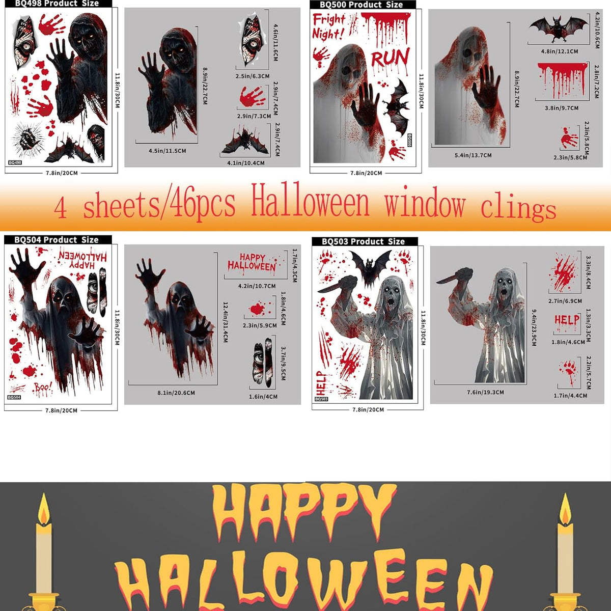 Bloss Halloween Window Clings for Glass Window Decorations,Double Side Scary Ghosts Halloween Window Stickers,Bloody-Handprint-Footprint Windows Decals for Home/Party Decoration