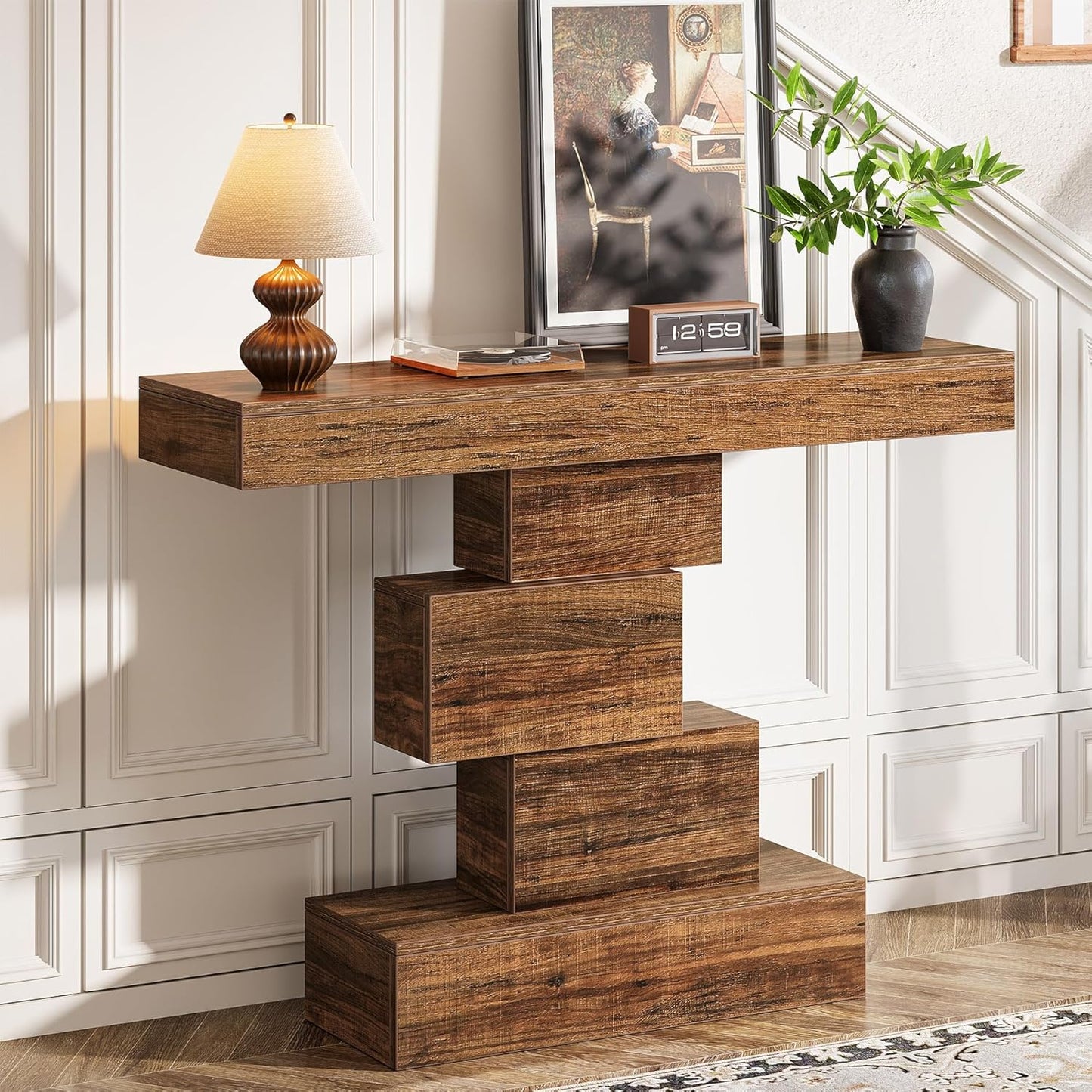 Tribesigns 42.5" Farmhouse Console Table, Narrow Wood Sofa Table Behind Couch with Geometric Base, Industrial Entryway Accent Table for Living Room, Hallway, Entrance (Rustic Brown)