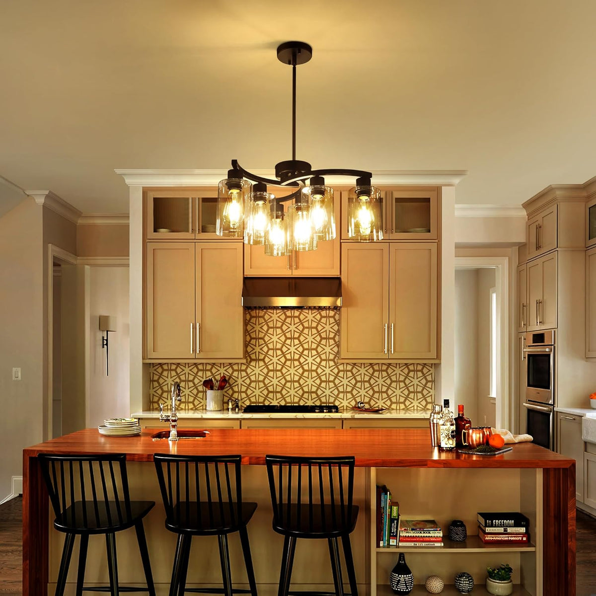 6 Light Modern Farmhouse Chandelier，Black Dining Room Light Fixture，Kitchen Pendant Lights Over Island with Glass Shade