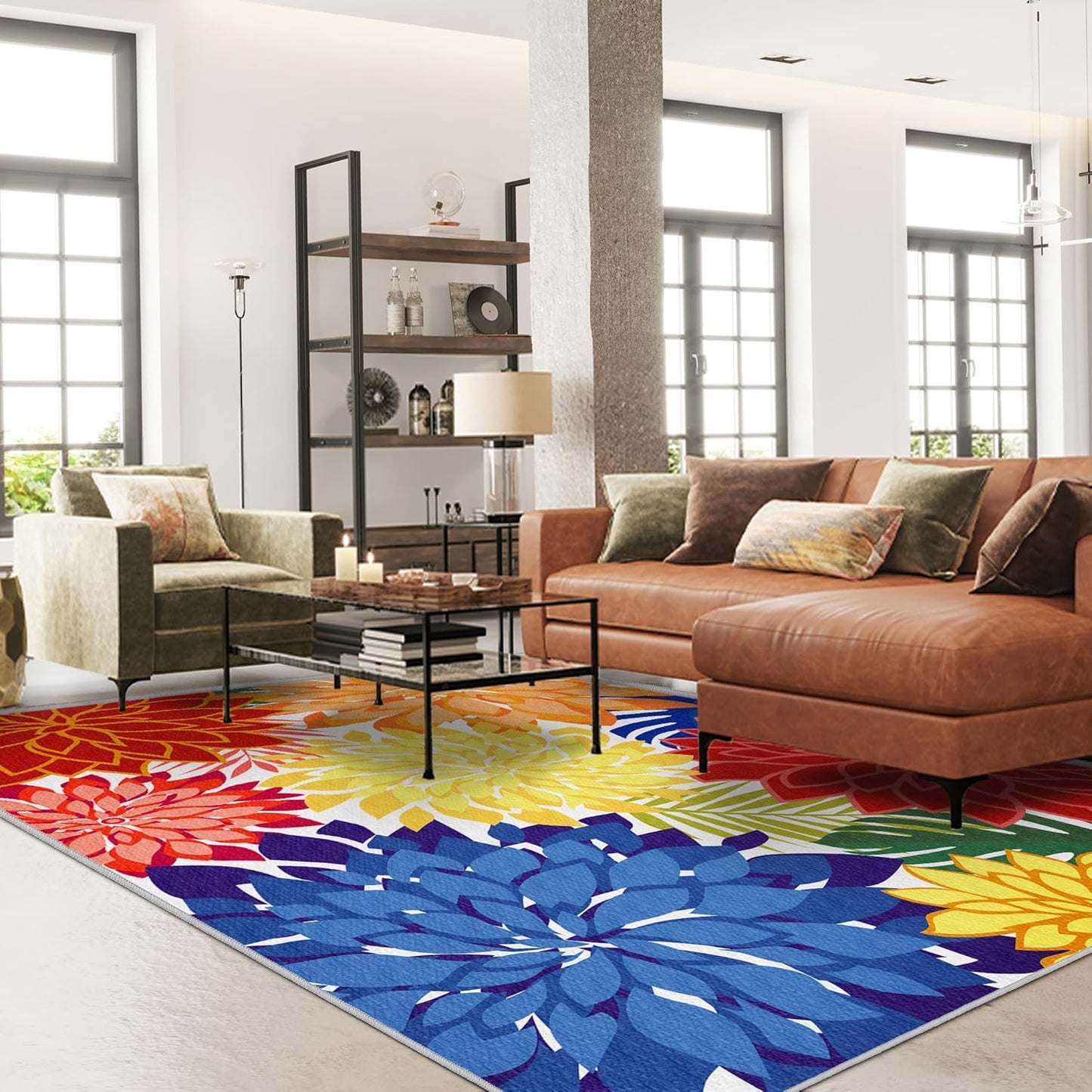 Indoor Outdoor Area-Rug Washable Multicolored Patio Rug Tropical Botanical Modern Floral Indoor Outdoor Carpet Non-Slip for Patio, Deck, Backyard, Porch (6x9)