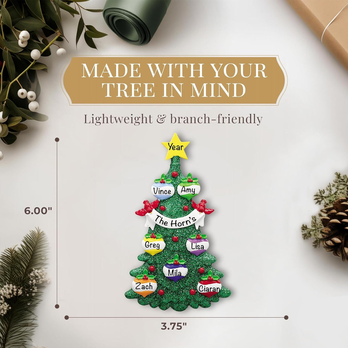 Personalized Family of 7 Ornament 2025 | Free 24h Customization | Christmas Ornaments for Tree | Custom Gift Wrapped Green Glitter Keepsake for Seven Persons