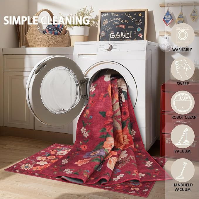 Red Floral Area Rugs 5x7 for Bedroom Livingroom Non-Slip | Ultra-Thin Soft - Image 4