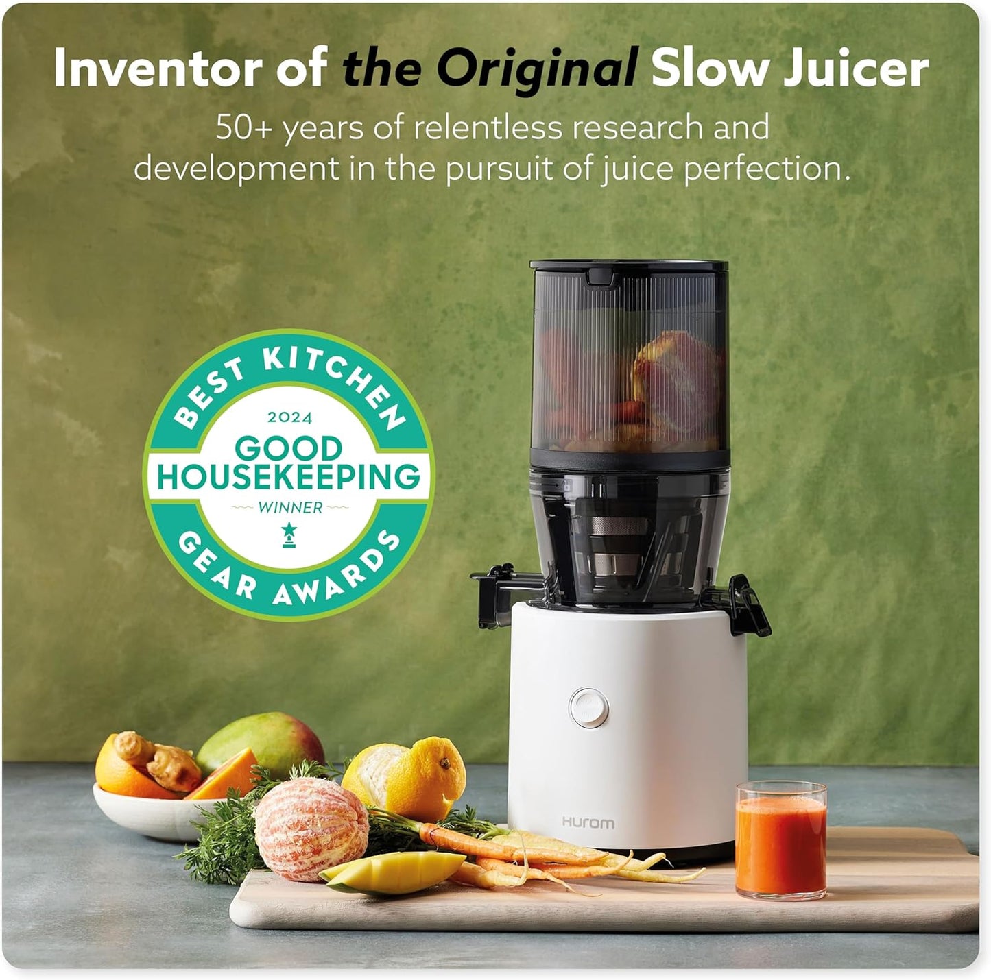 Hurom H320 Cold Press Juicer Machine, Easy to Clean Masticating Slow Juicer, Coarse Strainers, Self-Feeding, Hands Free, Family Size, Quiet Motor, Easy Assembly (White)