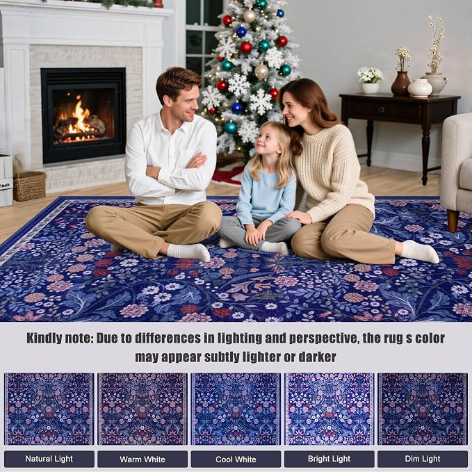 PLHXFR Area Rug Living Room: 5x7 Floral Washable Boho Soft Carpet Blue | - Image 9