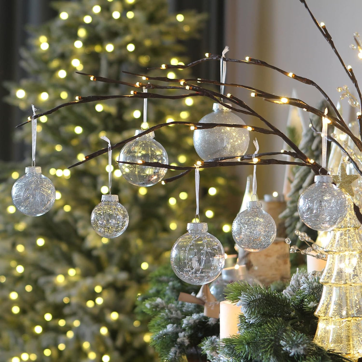 Sea Team Shatterproof Clear Plastic Christmas Ball Ornaments Decorative Xmas Balls Baubles Set with Stuffed Delicate Decorations (60mm/2.36 inch 30-Pack, Silver)