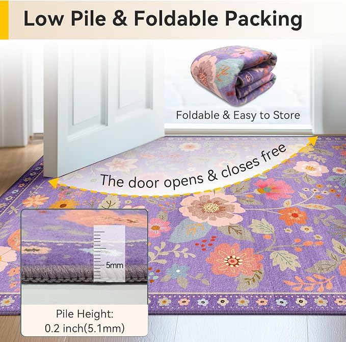RELEANY Floral Washable 3x5 Area Rugs Purple/Pink | Flower Carpet Print Boho - Image 5
