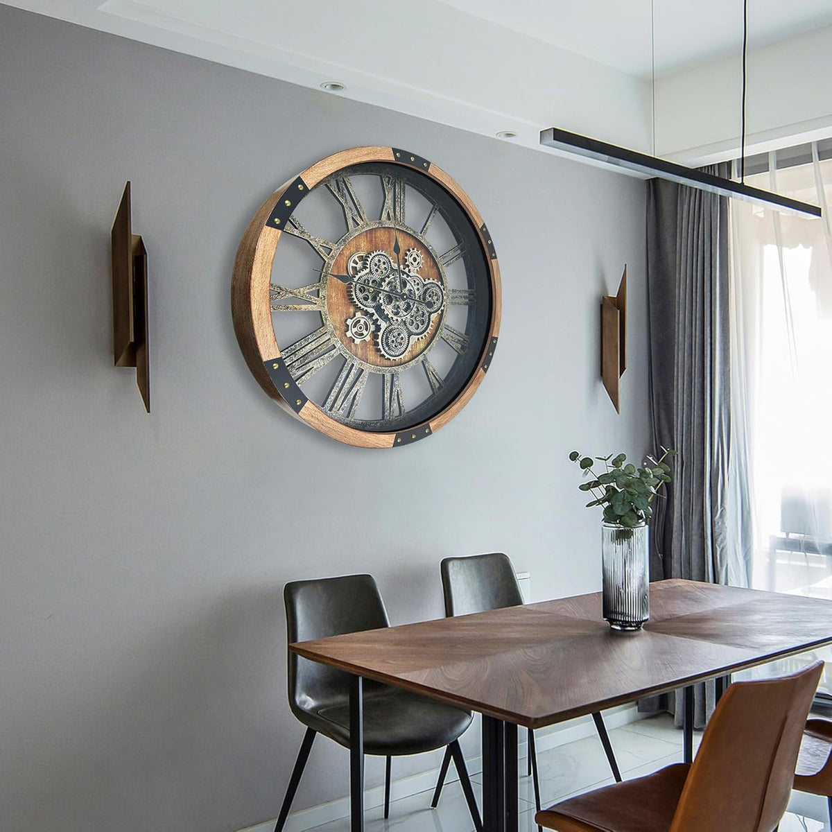 DORBOKER 24" Large Wall Clock with Moving Gears,Oversize Vintage Industrial Rustic Farmhouse Clocks for Living Room Decor Office Home,Solid Wood HD Tempered Glass Cover,Brown