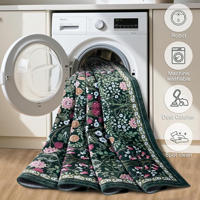 PLHXFR 8x10 Area Rug Living Room: Floral Washable Boho Carpet Dark Green | - Image 5