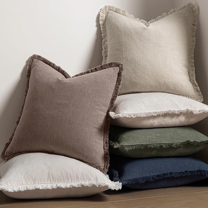 MIULEE Linen Fringe Decorative Fall Euro Pillow Covers Malt Ball 24x24 | Set of - Image 5